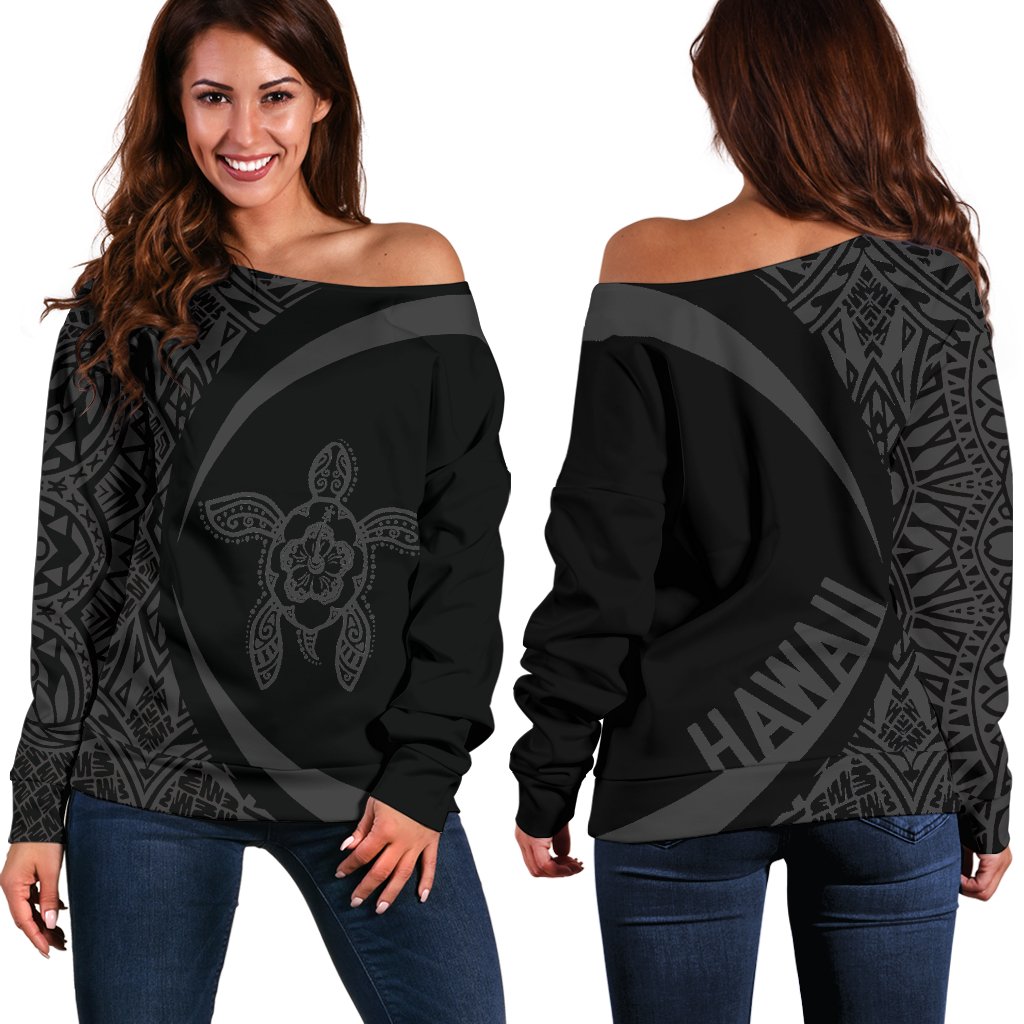 Hawaii Turtle Polynesian Women's Off Shoulder Sweater - Circle Style - AH - Black Art - Polynesian Pride