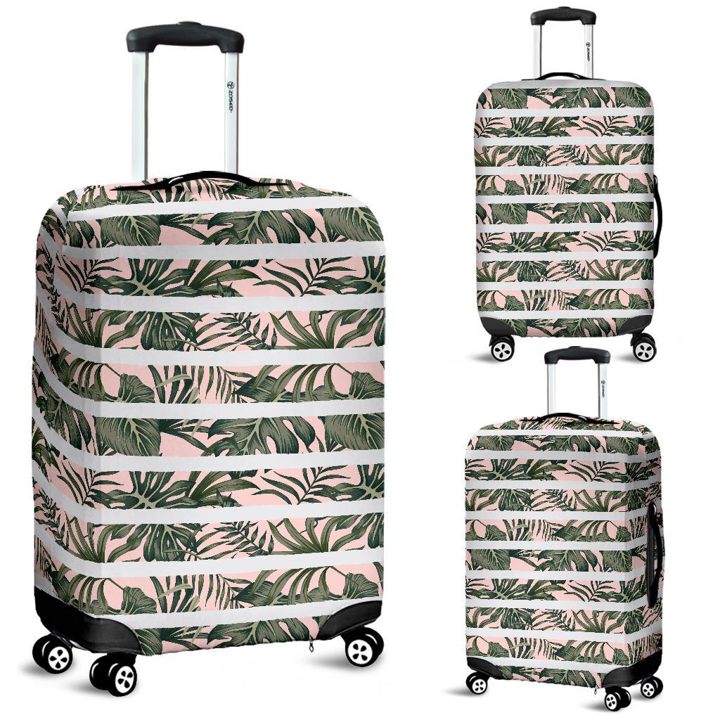 Tropical Dark Green Leaves White Stripes Pink Background Hawaii Luggage Cover White - Polynesian Pride