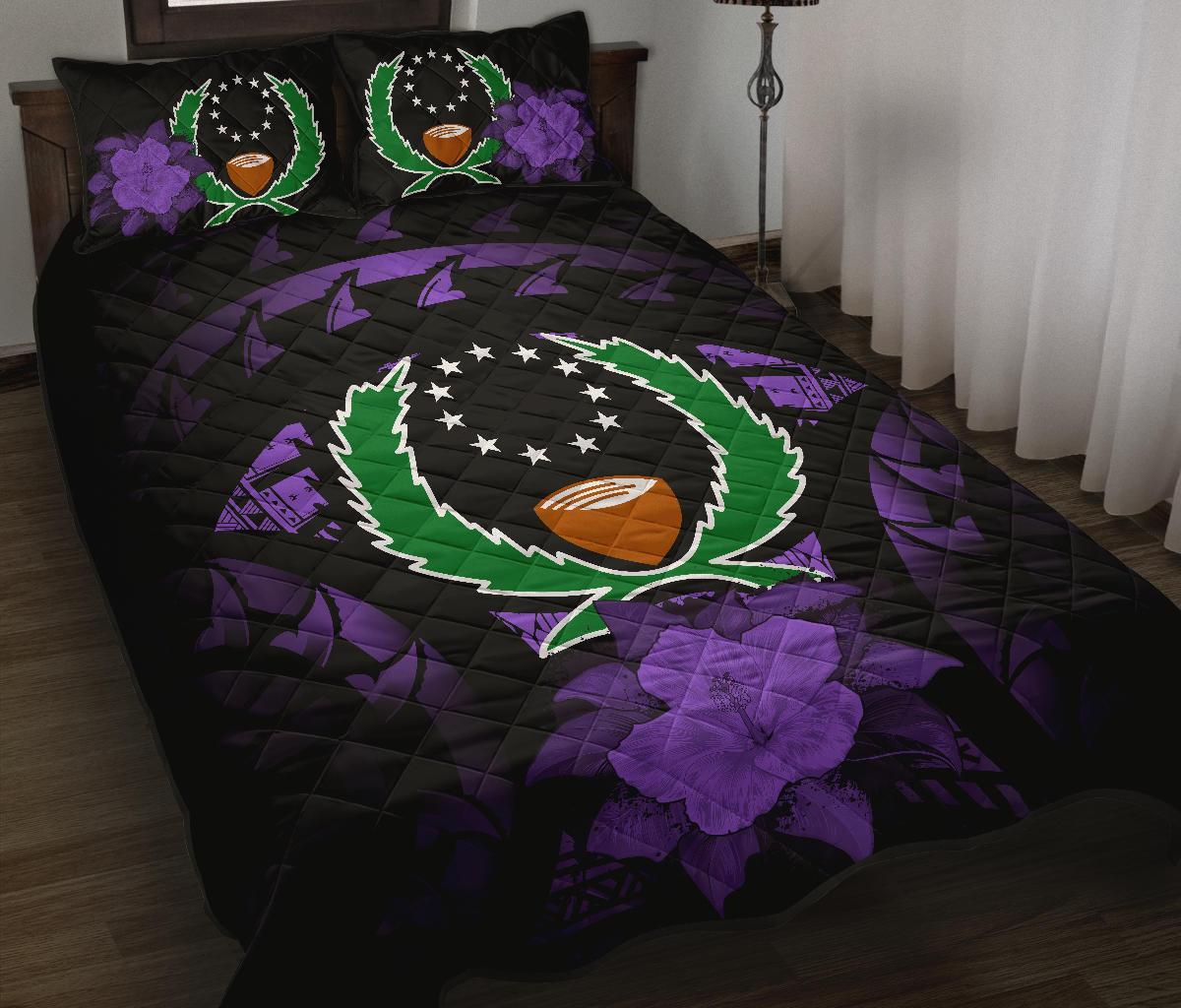 Pohnpei Polynesian Quilt Bed Set Hibiscus Purple Black - Polynesian Pride