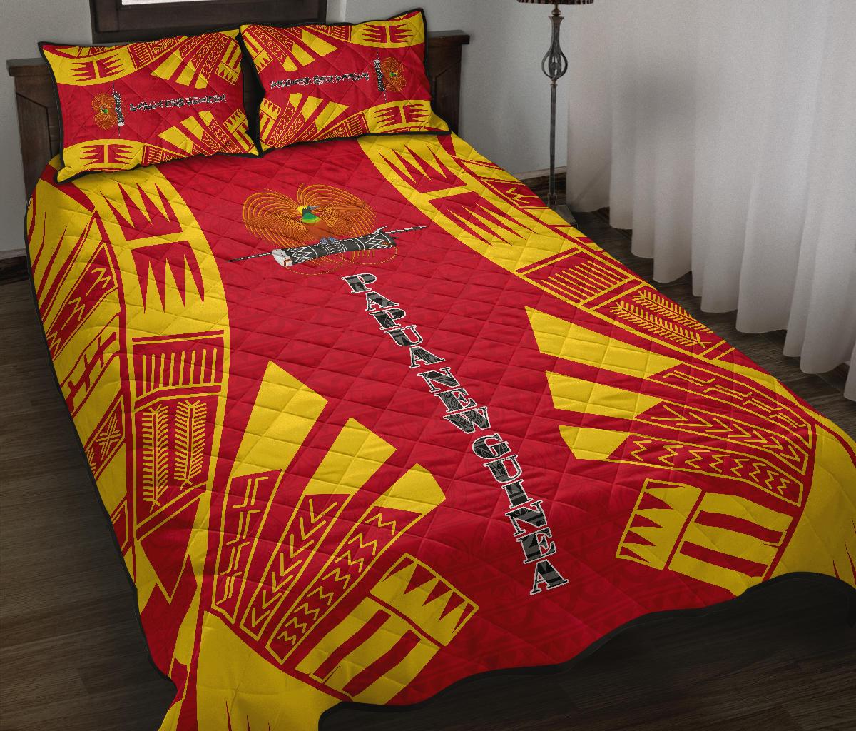 Papua New Guinea Quilt Bed Set - Papua New Guinea Coat Of Arms & Polynesian Yellow Tattoo Style - Polynesian Pride
