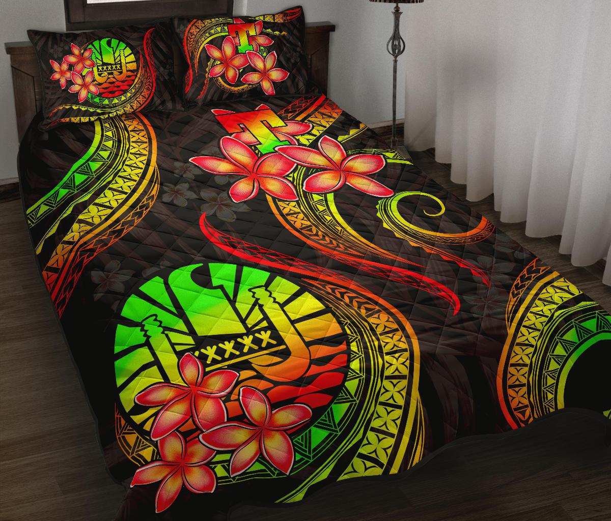 Tahiti Polynesian Quilt Bed Set - Reggae Plumeria Art - Polynesian Pride