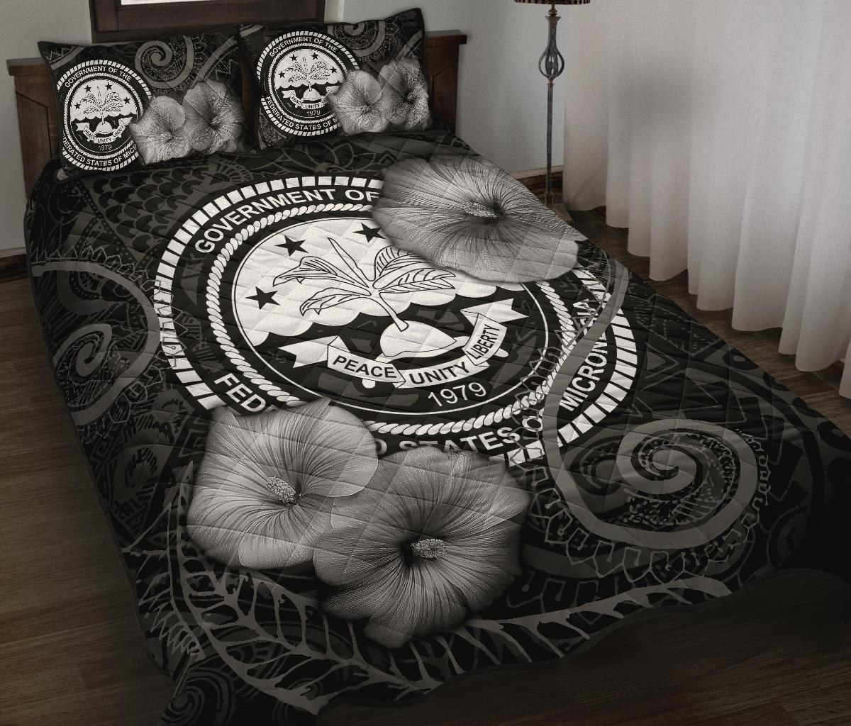 Federated States Of Micronesia Quilt Bed Set - Federated States Of Micronesia Seal & Black Hibiscus Black - Polynesian Pride