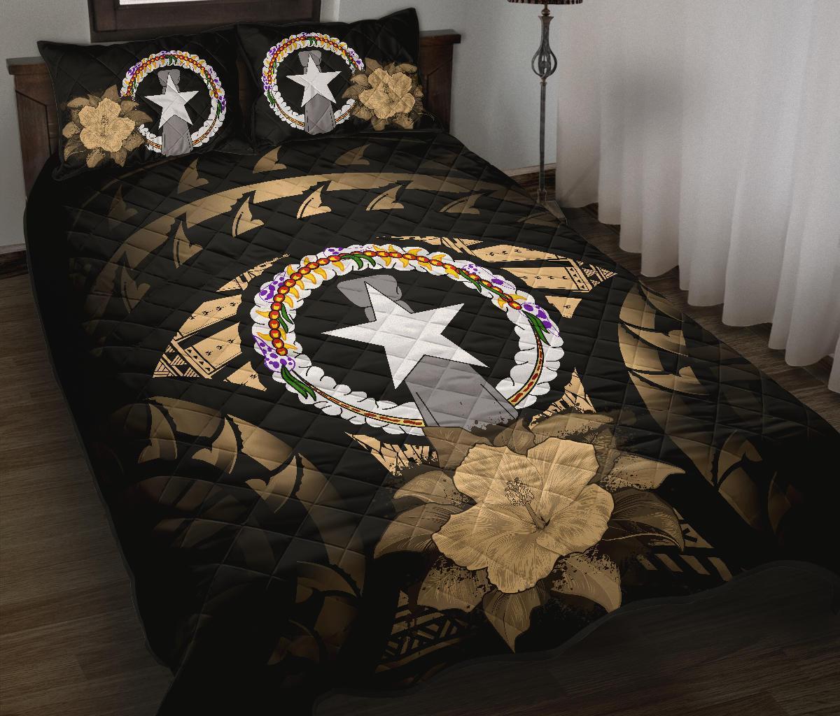 Northern Mariana Islands Polynesian Quilt Bed Set Hibiscus Gold Black - Polynesian Pride