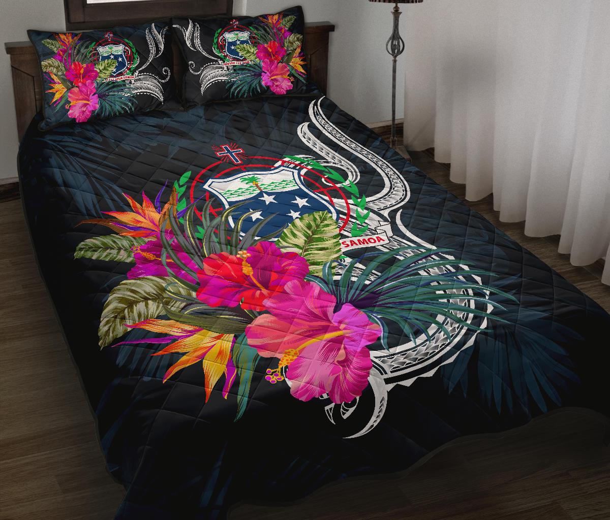 Samoa Polynesian Quilt Bed Set - Tropical Flowers Blue - Polynesian Pride