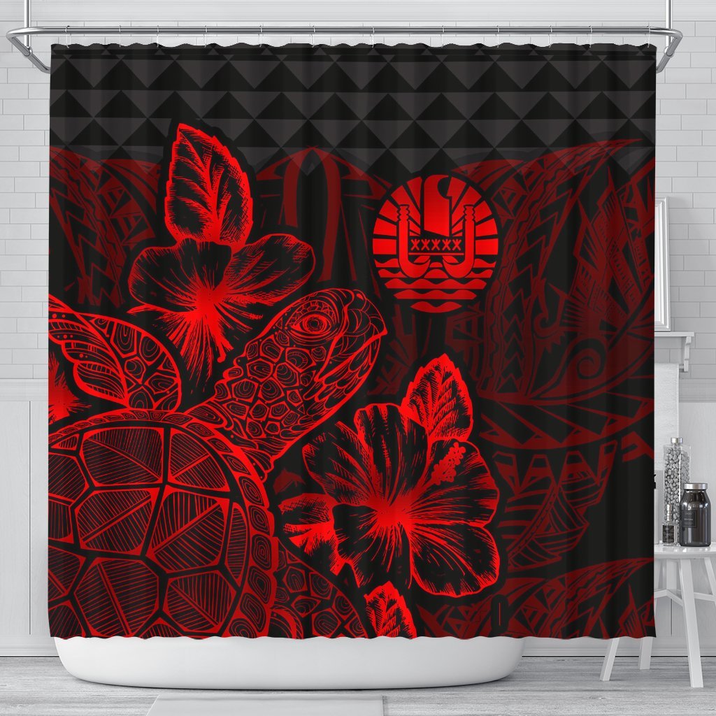 Tahiti Shower Curtain Turtle Hibiscus Red 177 x 172 (cm) Red - Polynesian Pride