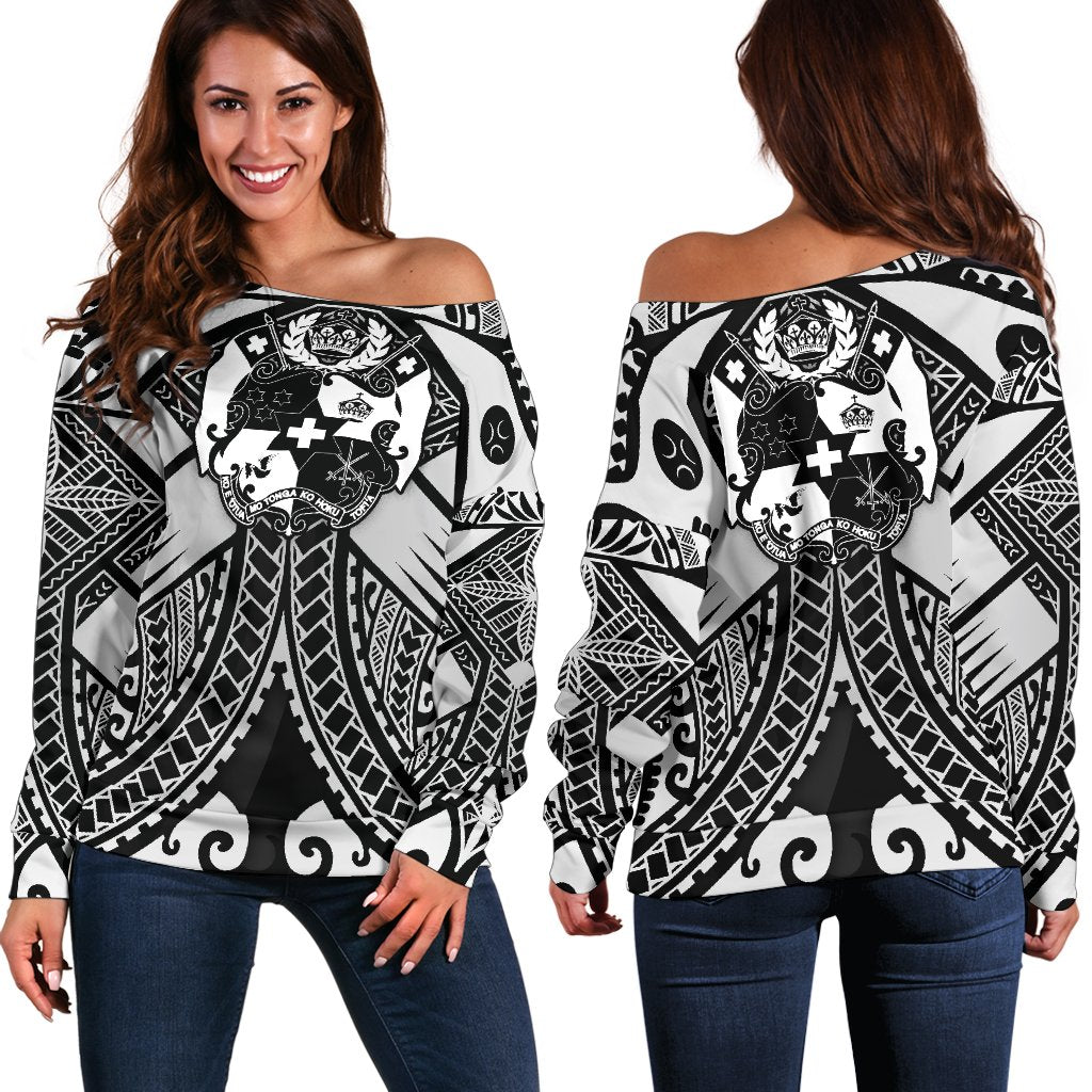 Tonga Polynesian Women's Off Shoulder Sweater - Tonga White Seal with Polynesian tattoo White - Polynesian Pride