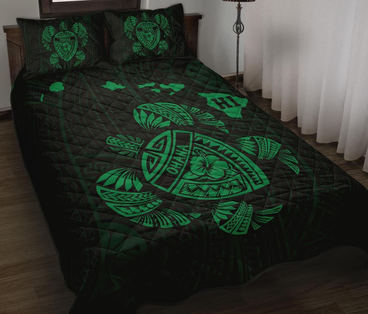 Hawaii Turtle Hibicus Map Quilt Bed Set - Green - Polynesian Pride