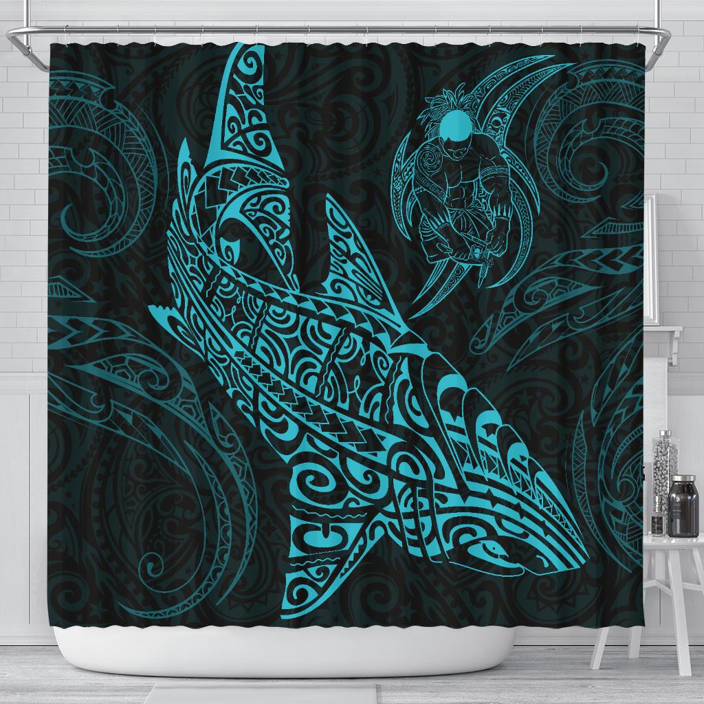 Shark Polynesian Shower Curtain - Polynesian Tattoo Blue 177 x 172 (cm) Blue - Polynesian Pride