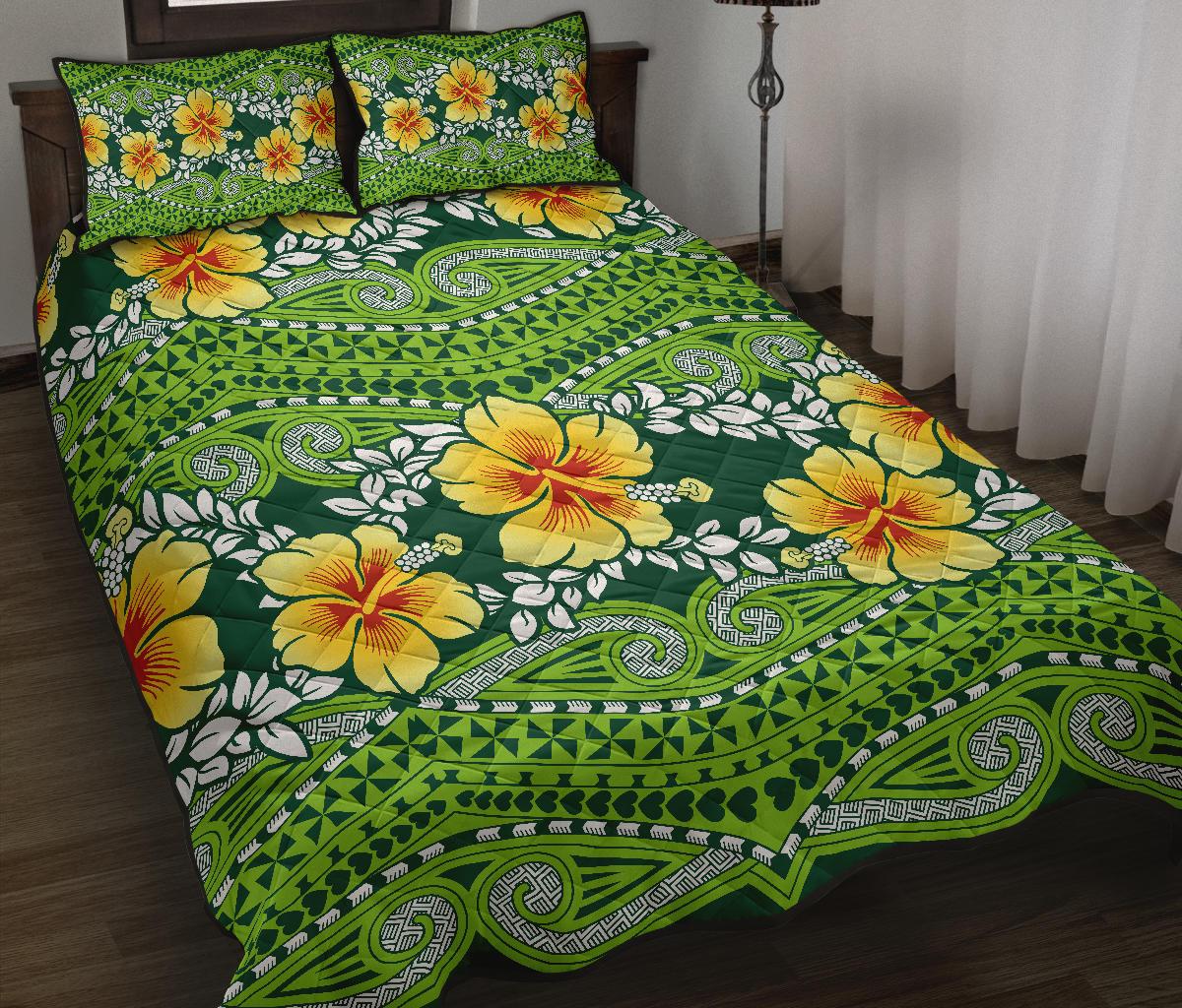 Polynesian Quilt Bed Set - Polynesian Hibiscus Patterns Green - Polynesian Pride