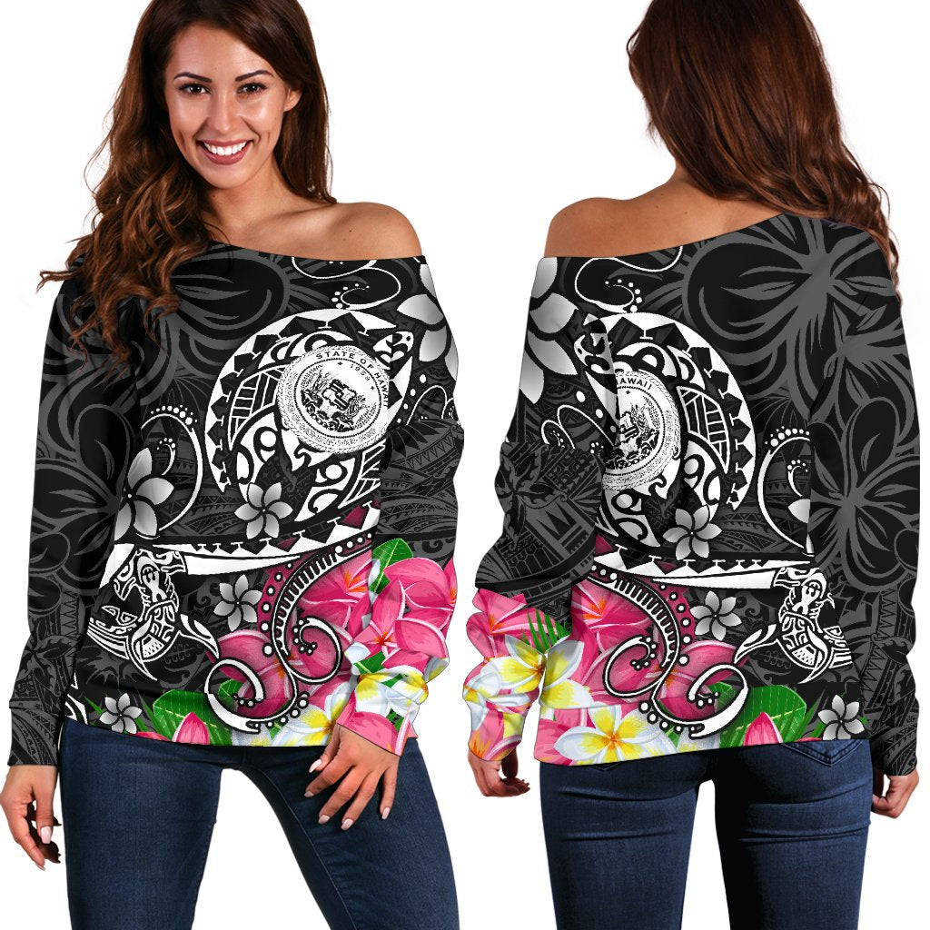 Hawaii Polynesian Women's Off Shoulder Sweater - Hawaii Seal With Turtle Plumeria (Black) Black - Polynesian Pride