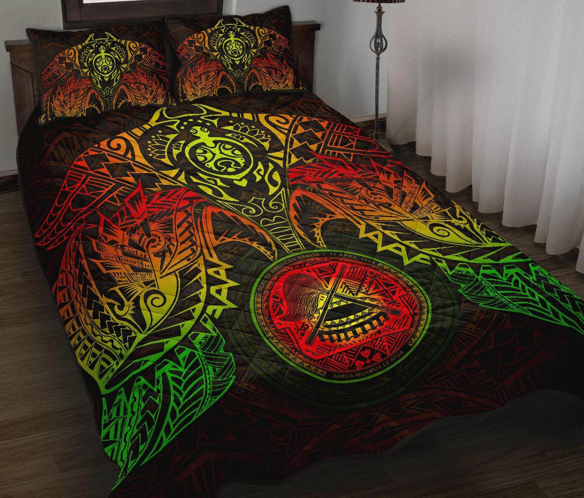 American Samoa Polynesian Quilt Bed Set - Amerian Samoa Seal & Reggae Turtle Manta Ray RED - Polynesian Pride