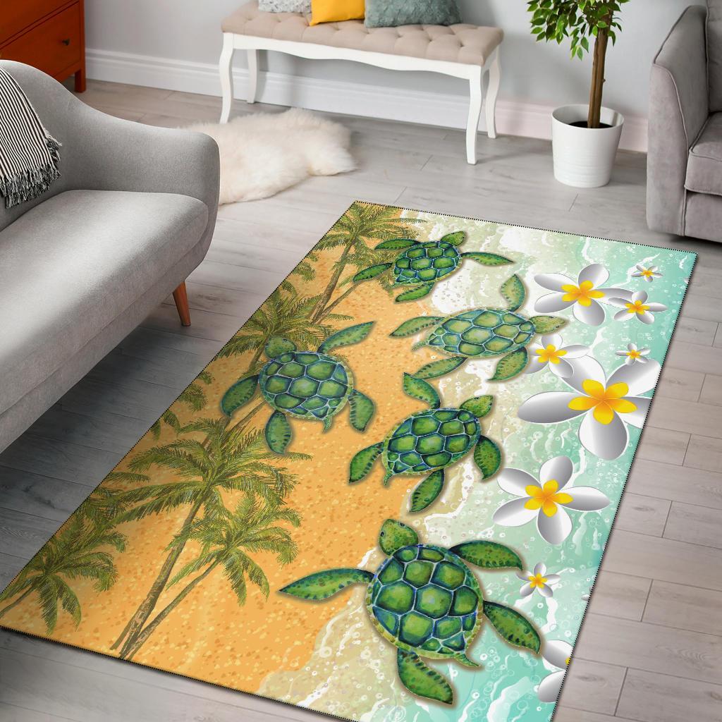 Hawaii Turtle Sea Hibiscus Coconut Tree Rug Black - Polynesian Pride