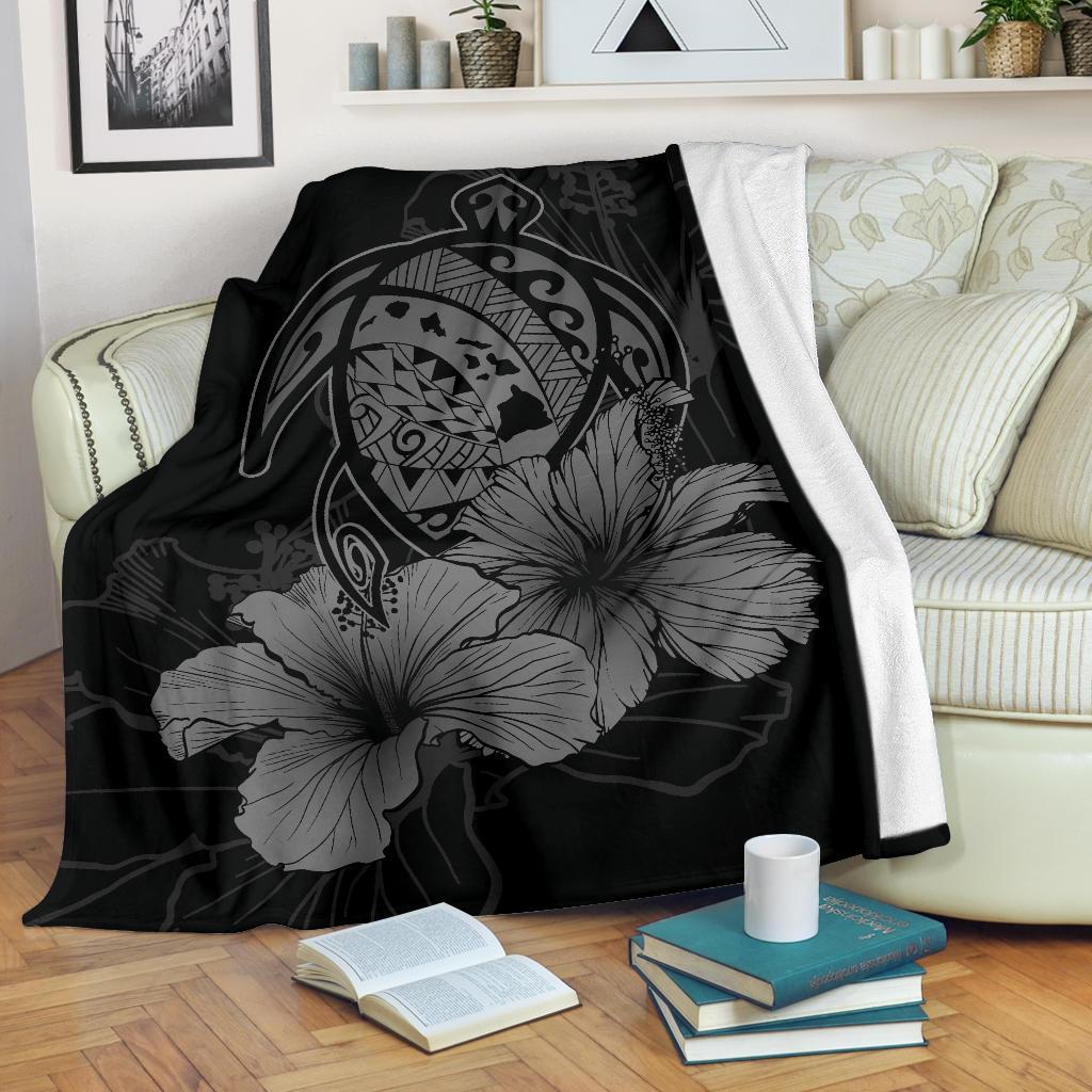 Hawaii Hibiscus Premium Blanket - Turtle Map - Gray White - Polynesian Pride