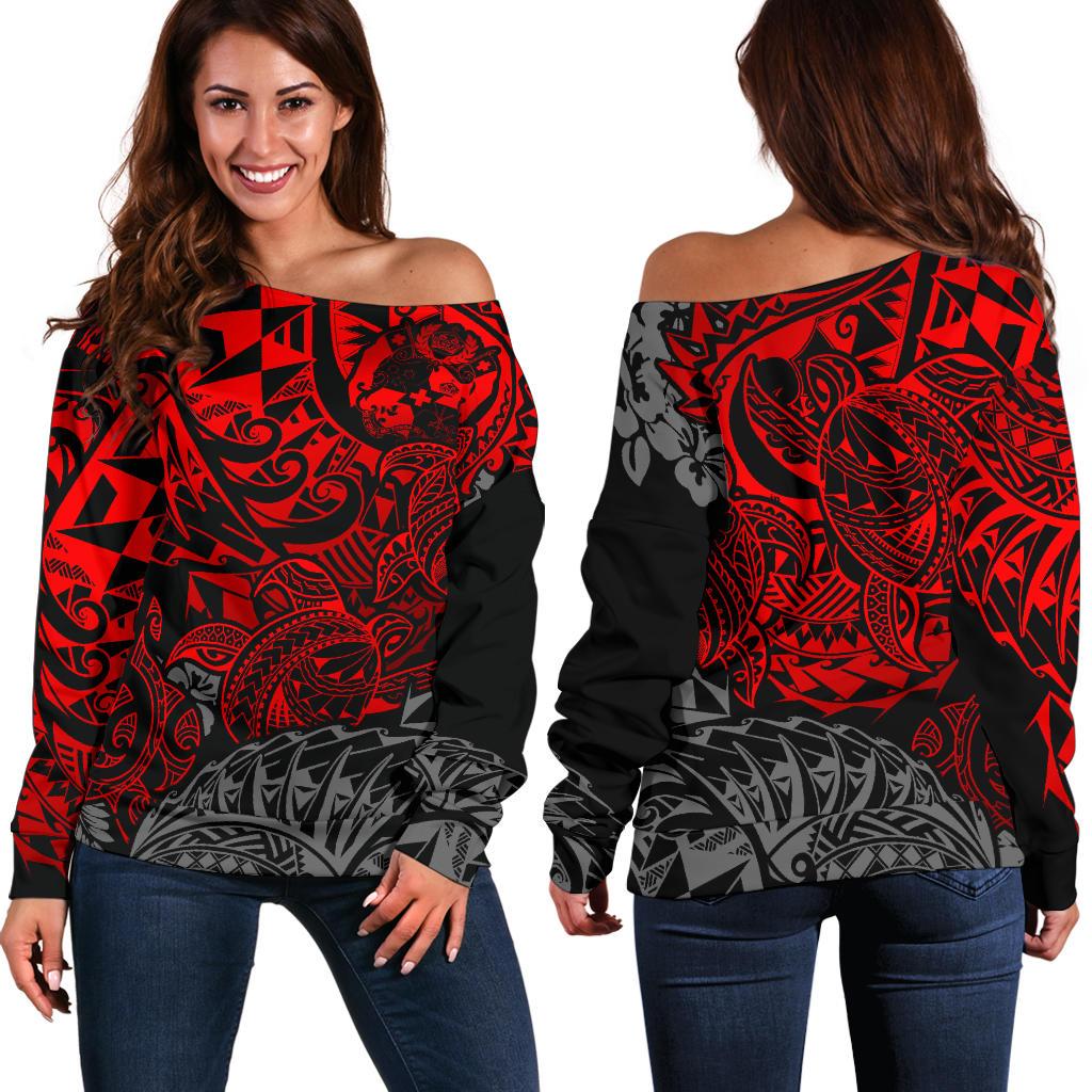 Tonga Polynesian Off Shoulder Sweater (Women) - Red Turtle Flowing Red - Polynesian Pride