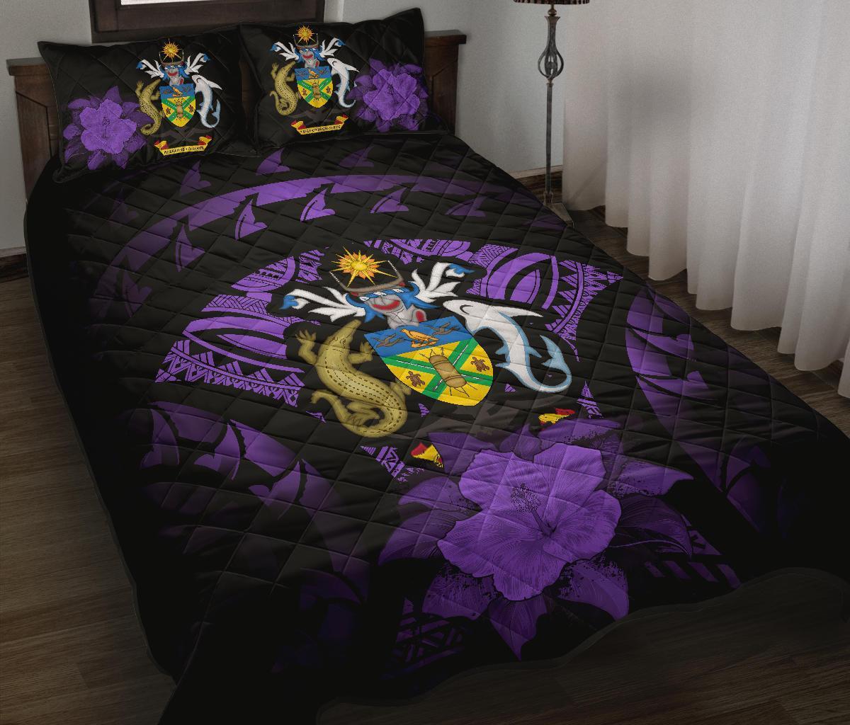 Solomon Islands Polynesian Quilt Bed Set Hibiscus Purple Black - Polynesian Pride