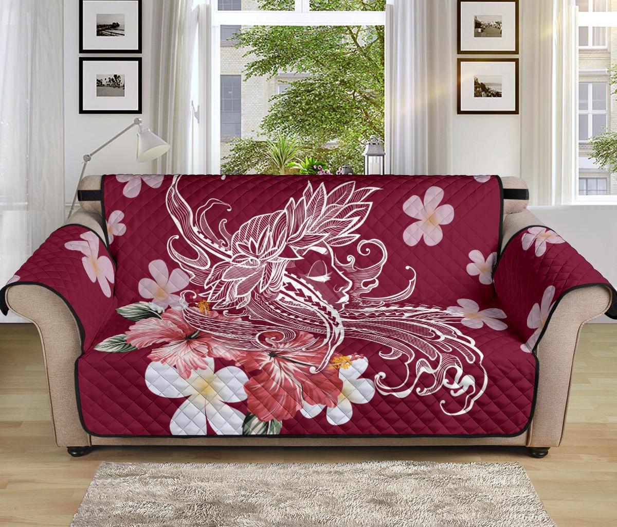 Hawaii Hula Girl Hibiscus Plumeria Sofa Protector - Ruin Style - AH Sofa 70" Burgundy - Polynesian Pride