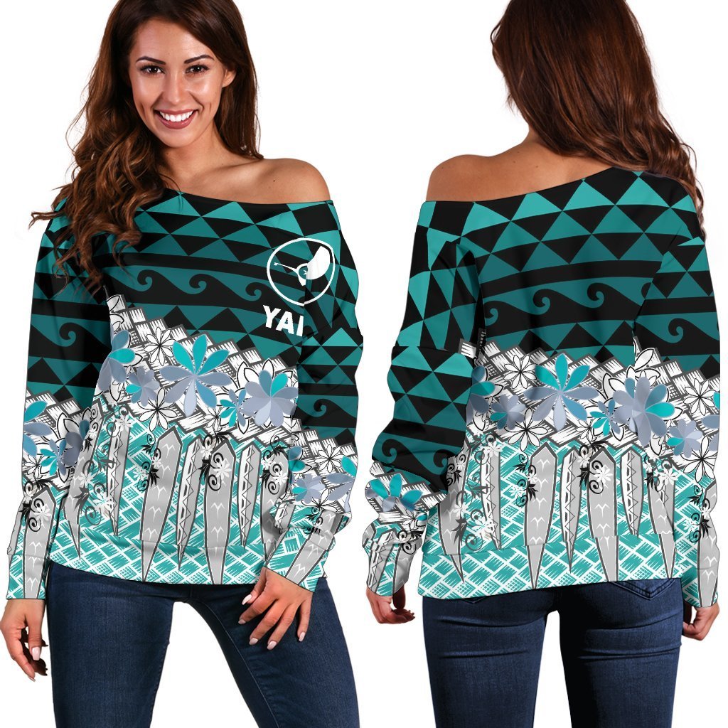 Pohnpei Women's Off Shoulder Sweaters - Coconut Leaves Weave Pattern Blue - Polynesian Pride