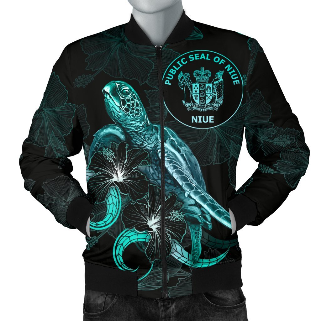 Niue Polynesian Men's Bomber Jacket - Turtle With Blooming Hibiscus Turquoise Turquoise - Polynesian Pride