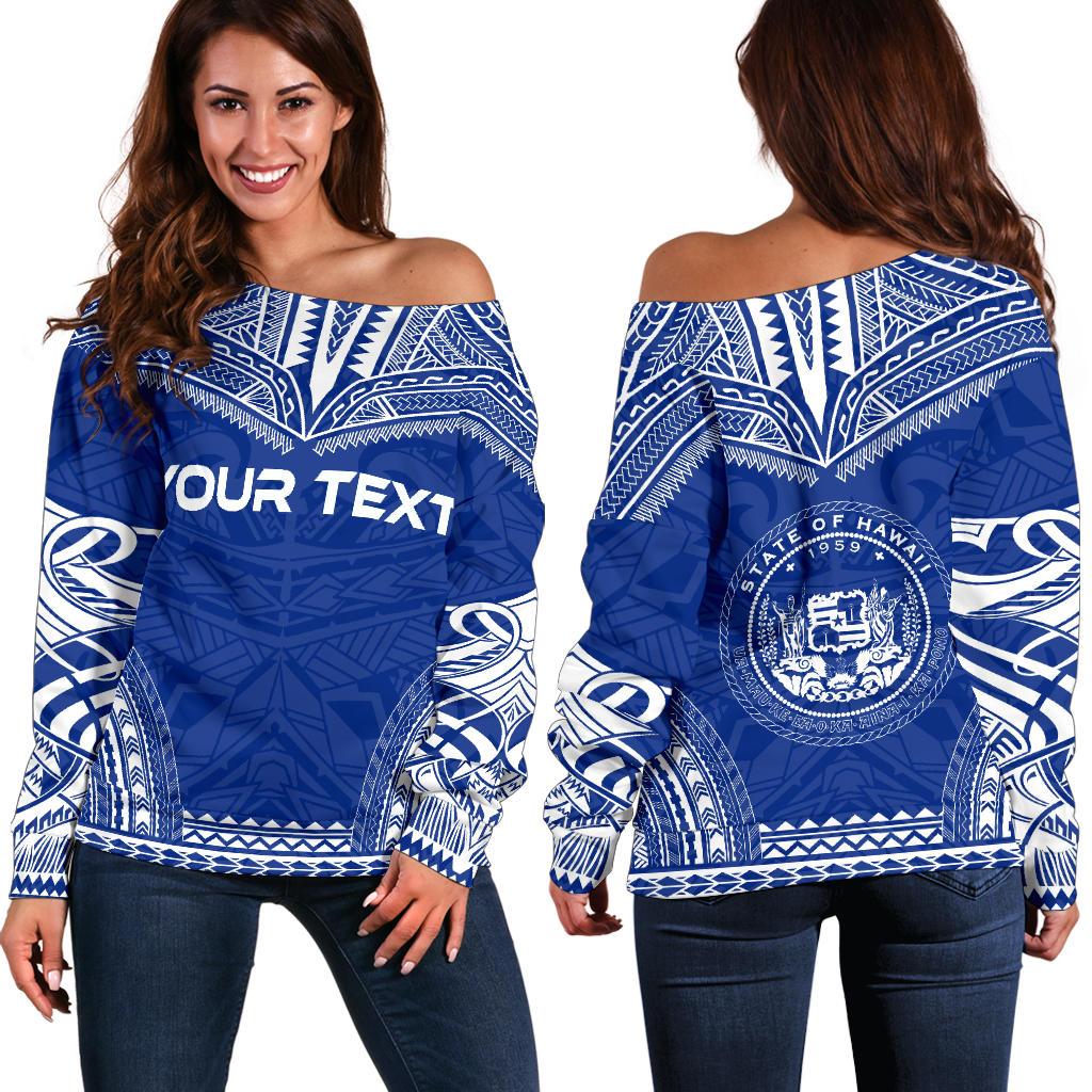 Hawaii Polynesian Chief Custom Personalised Women's Off Shoulder Sweater - Flag Version Blue - Polynesian Pride