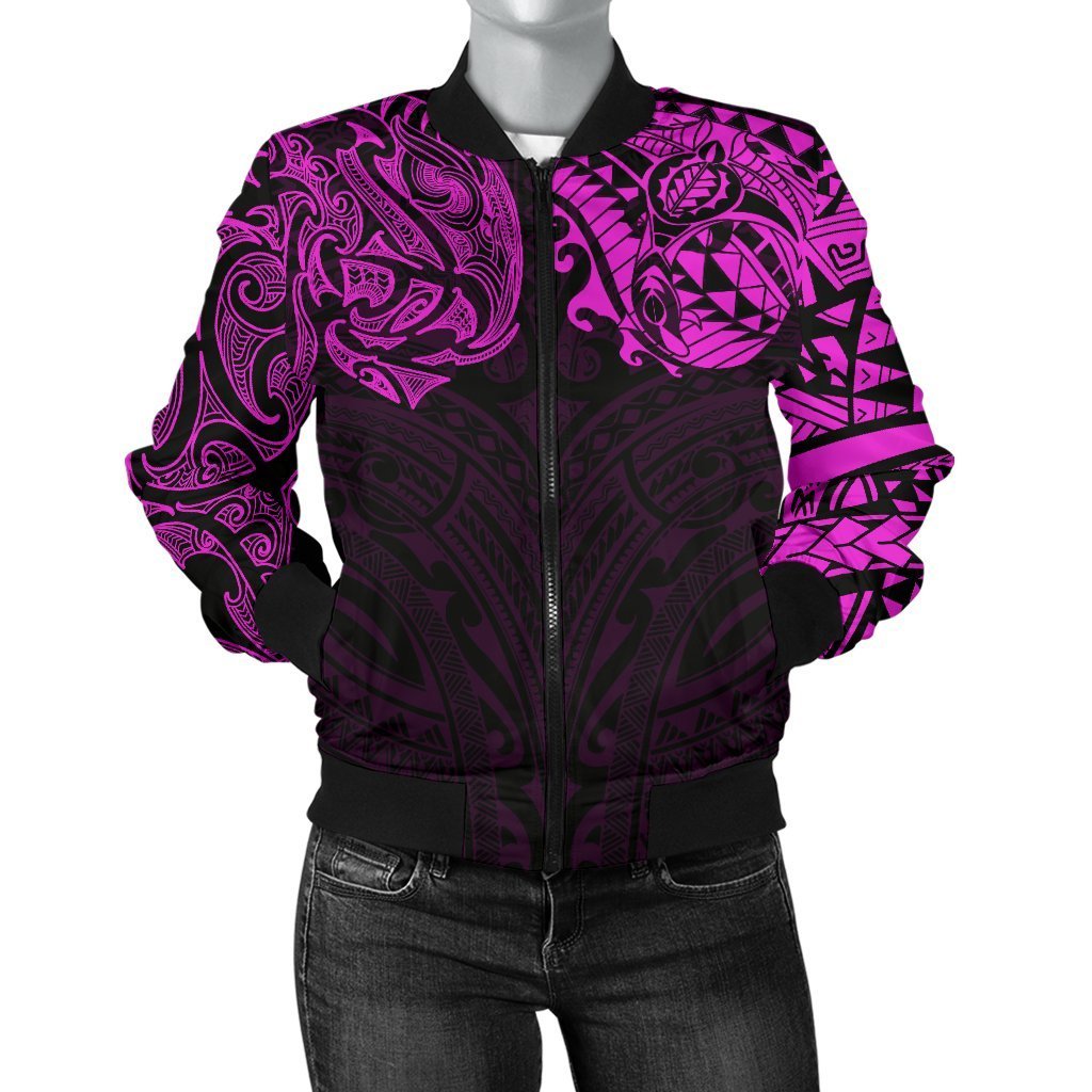 New Zealand Women's Bomber Jacket, Maori Polynesian Tattoo Purple Purple - Polynesian Pride