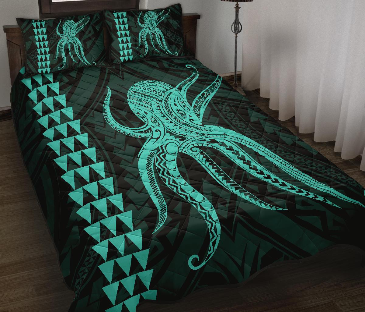 Hawaii Octopus KaKau Polynesian Quilt Bed Set - Turquoise - Polynesian Pride