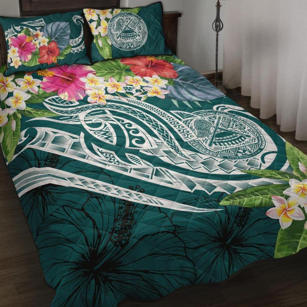 American Samoa Polynesian Quilt Bed Set - Summer Plumeria Blue - Polynesian Pride