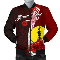 New Caledonia Polynesian Custom Personalised Men's Bomber Jacket - Coat Of Arm With Hibiscus Red - Polynesian Pride