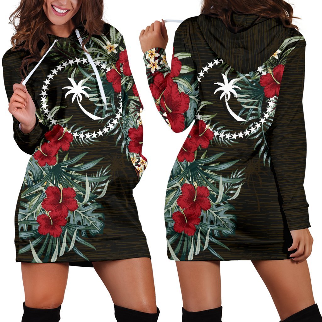 Chuuk Hoodie Dress - Chuuk Flag Hibiscus Black - Polynesian Pride