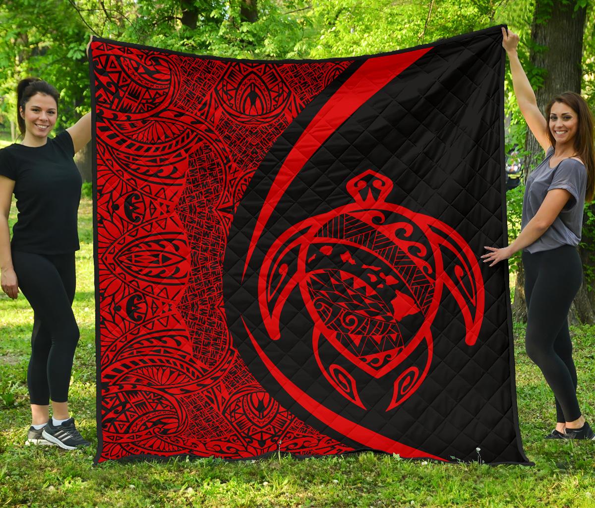 Hawaii Turtle Map Polynesian Premium Quilt - Red - Circle Style Red - Polynesian Pride