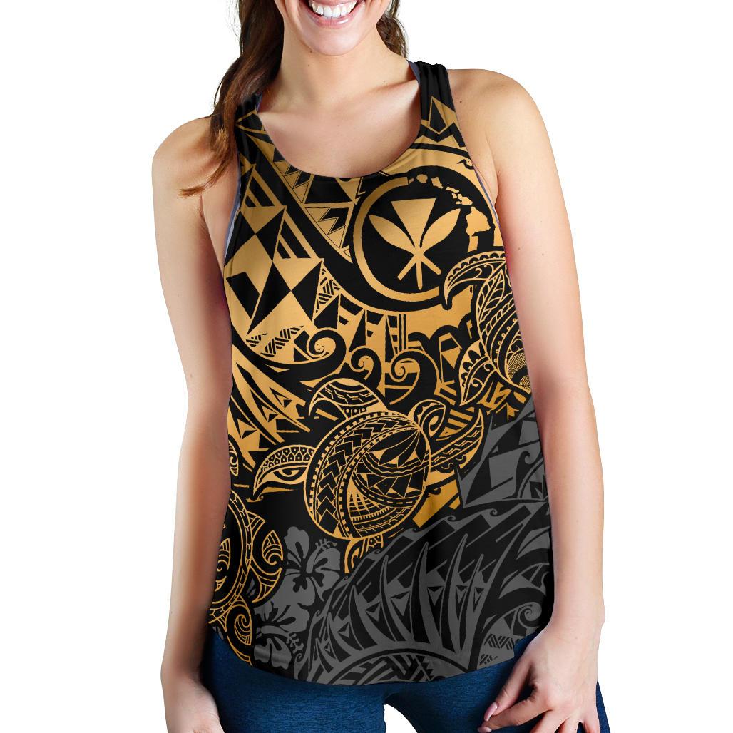 Polynesian Hawaii (Kanaka Maoli) Women's Racerback Tank - Gold Turtle Hibiscus Flowing - Polynesian Pride