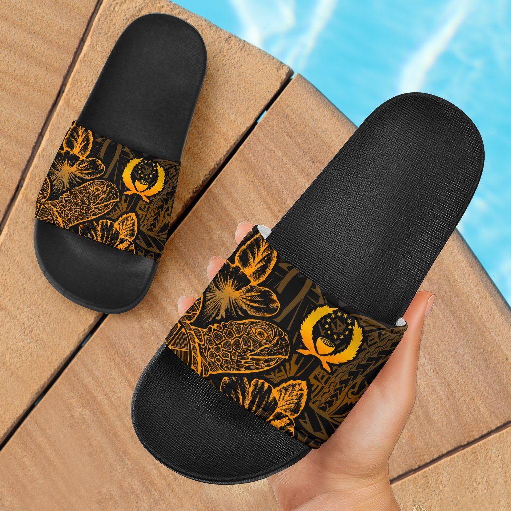Pohnpei Sandals - Turtle Hibiscus Pattern Gold Black - Polynesian Pride