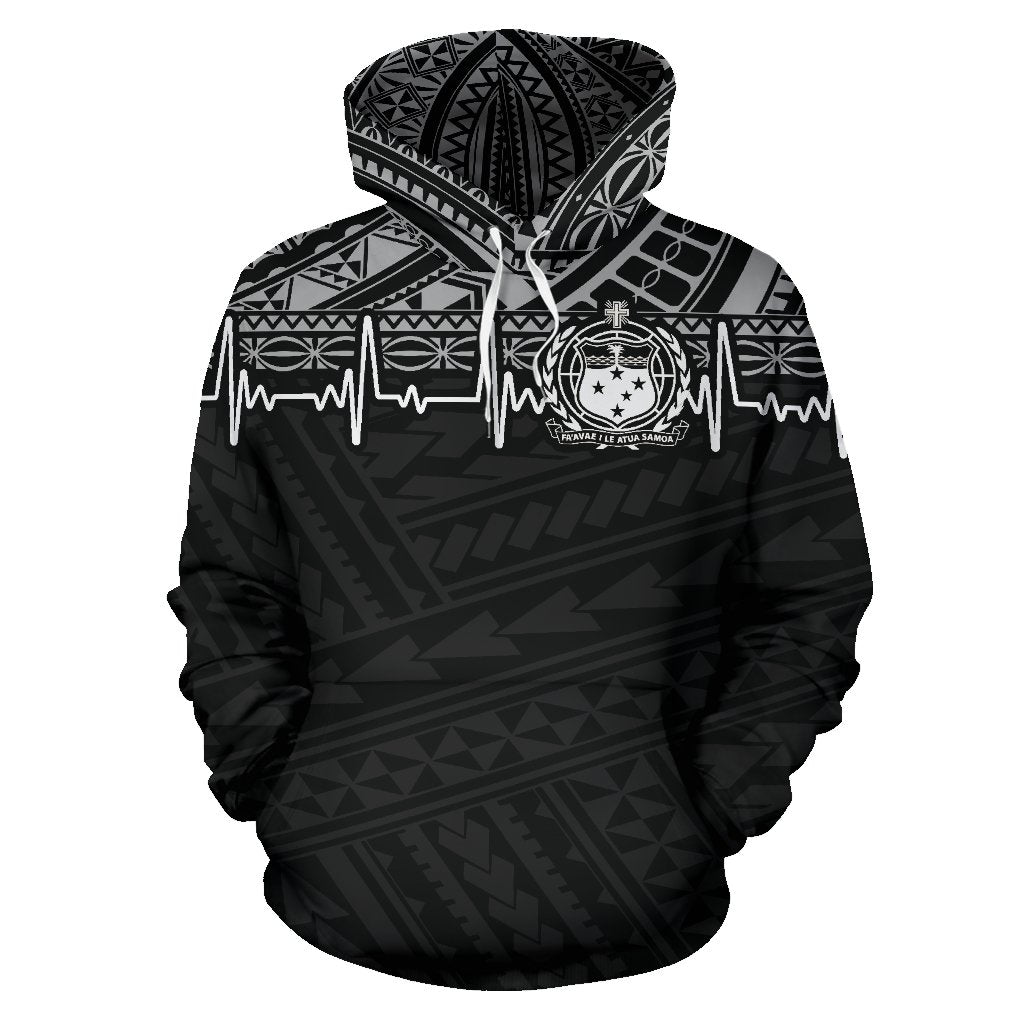Samoa Polynesian All Over Hoodie Black White Heartbeat Style - Polynesian Pride
