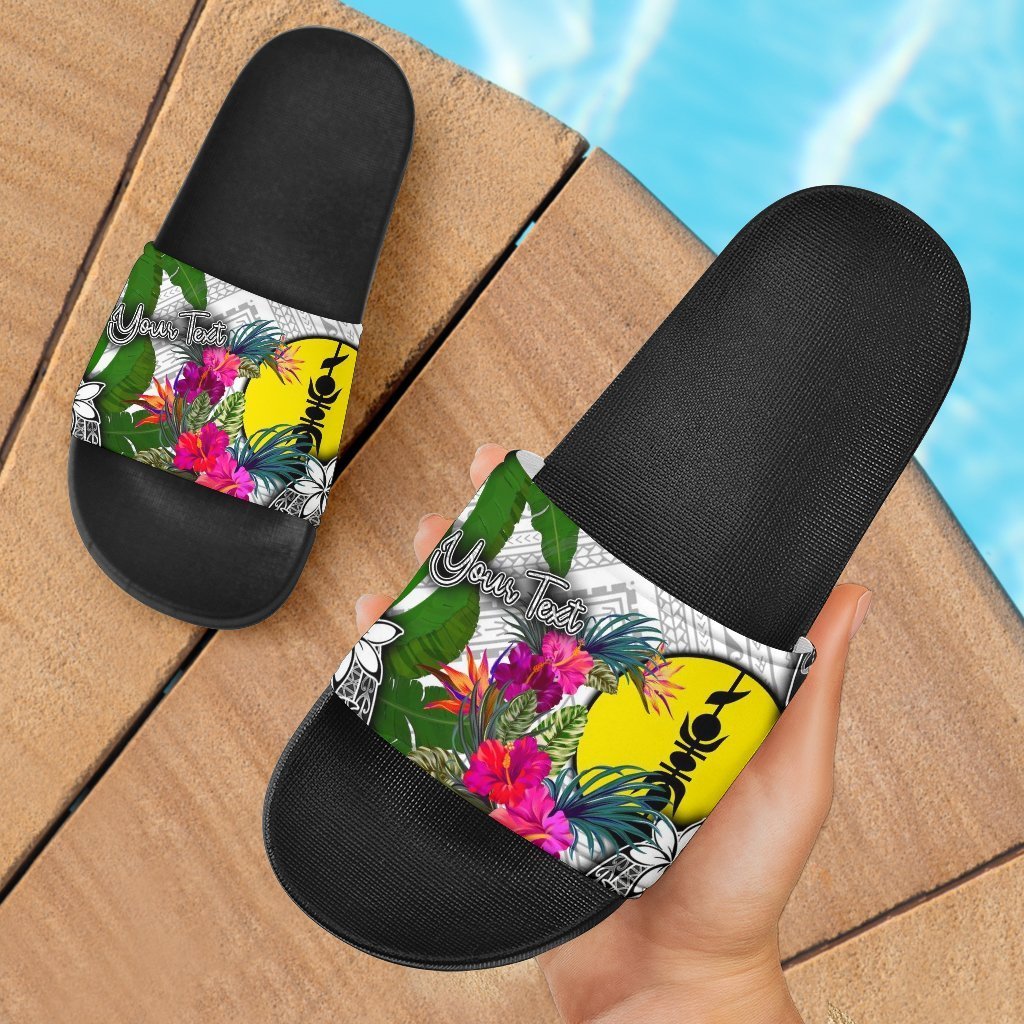 New Caledonia Custom Personalised Slide Sandals White - Turtle Plumeria Banana Leaf Black - Polynesian Pride