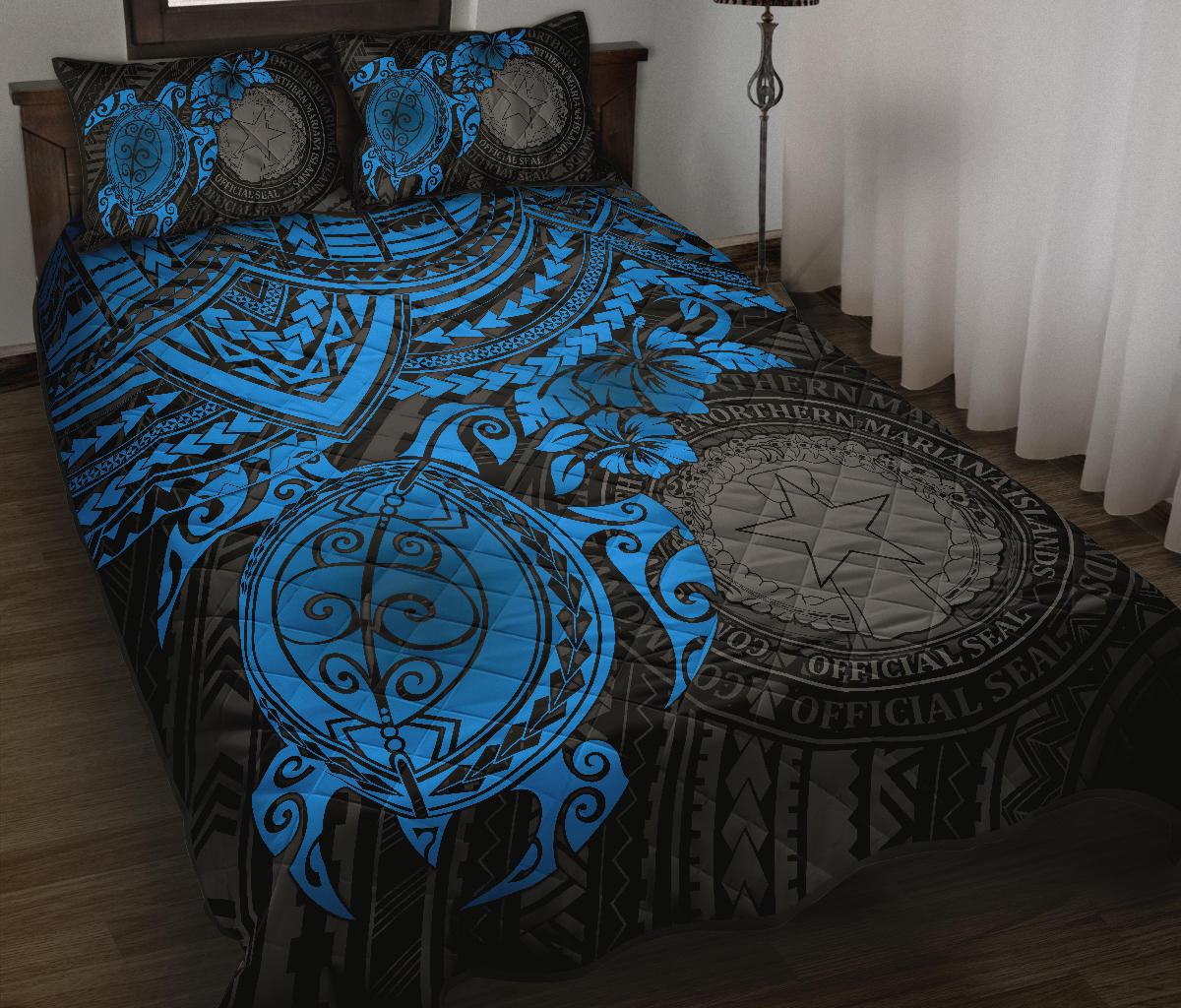 Northern Mariana Islands Polynesian Quilt Bed Set - Northern Mariana Islands Seal & Blue Turtle Hibiscus BLUE - Polynesian Pride