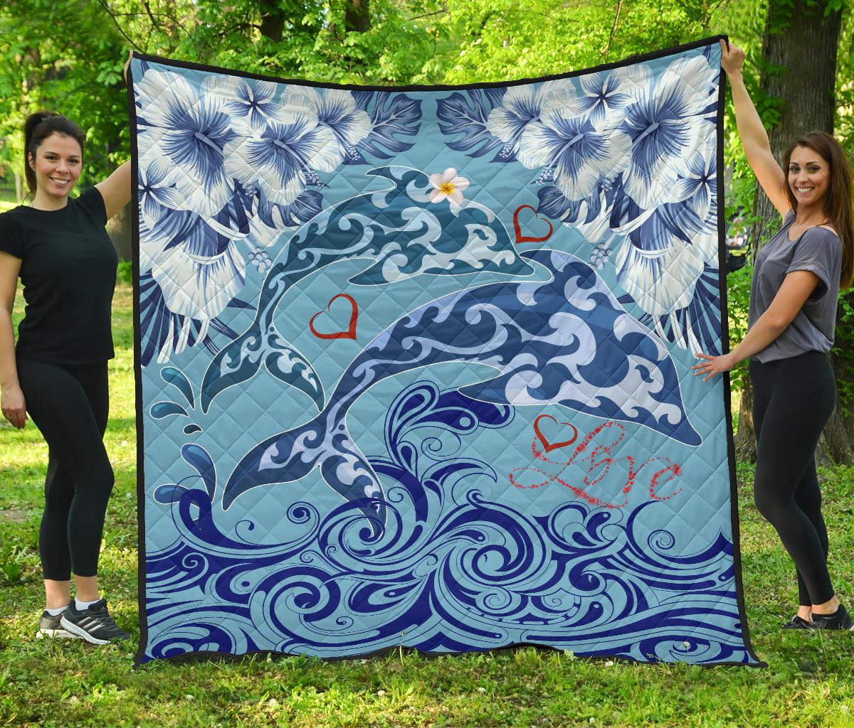 Hawaii Dolphin Couple Valentine's Hibiscus Premium Quilt - Tender Style - AH Blue - Polynesian Pride