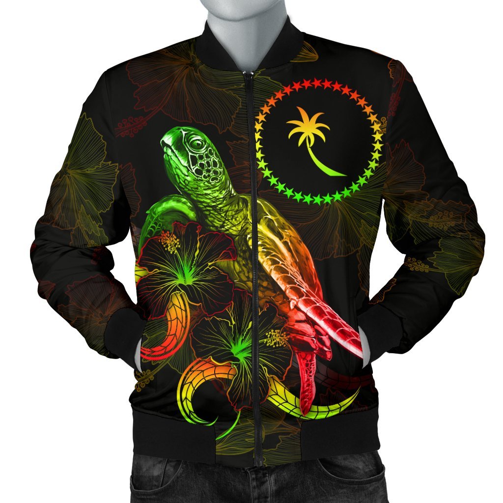 Chuuk Polynesian Men's Bomber Jacket - Turtle With Blooming Hibiscus Reggae Reggae - Polynesian Pride