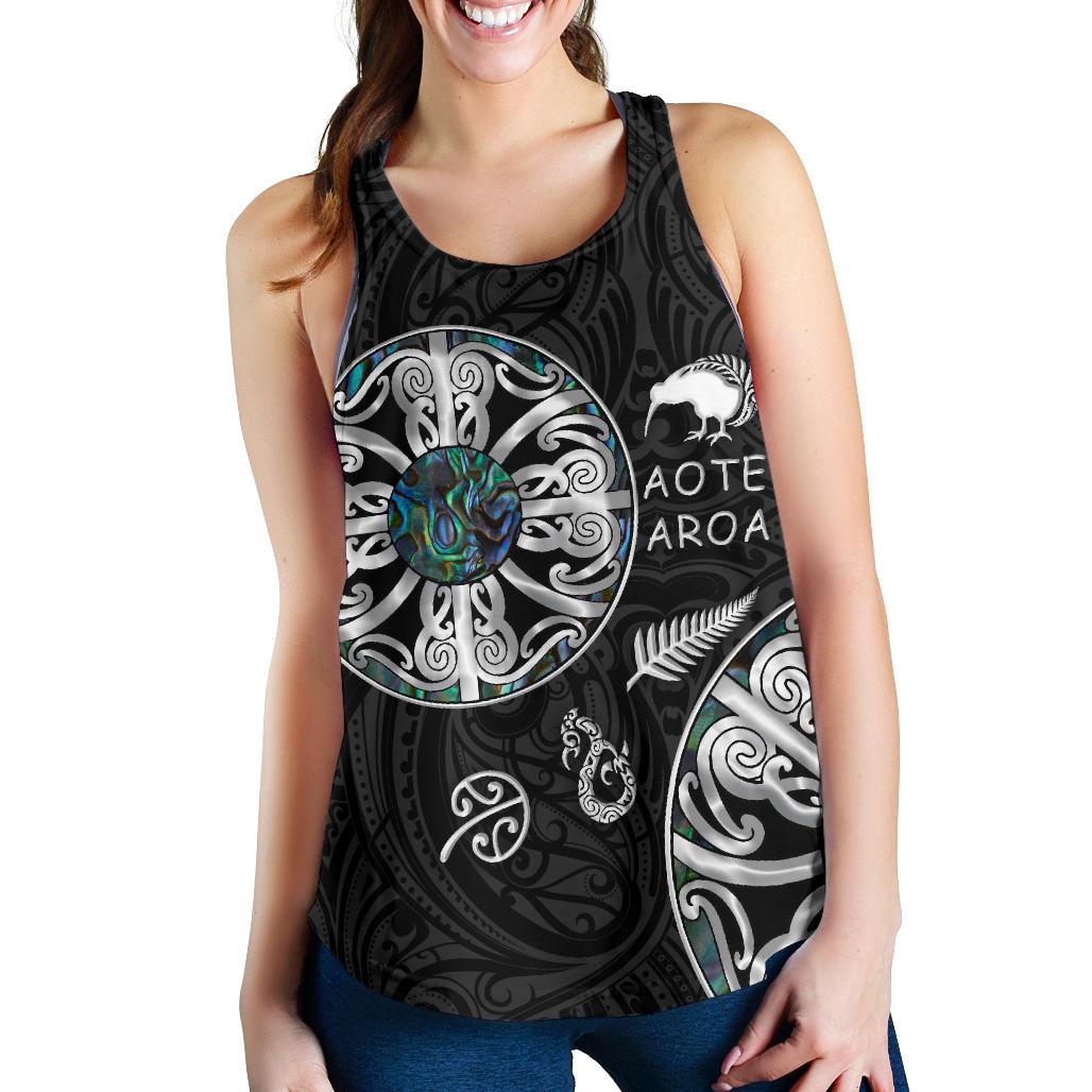 New Zealand Aotearoa Women Racerback Tank, Maori Mangopare Paua Shell Pullover Black - Polynesian Pride