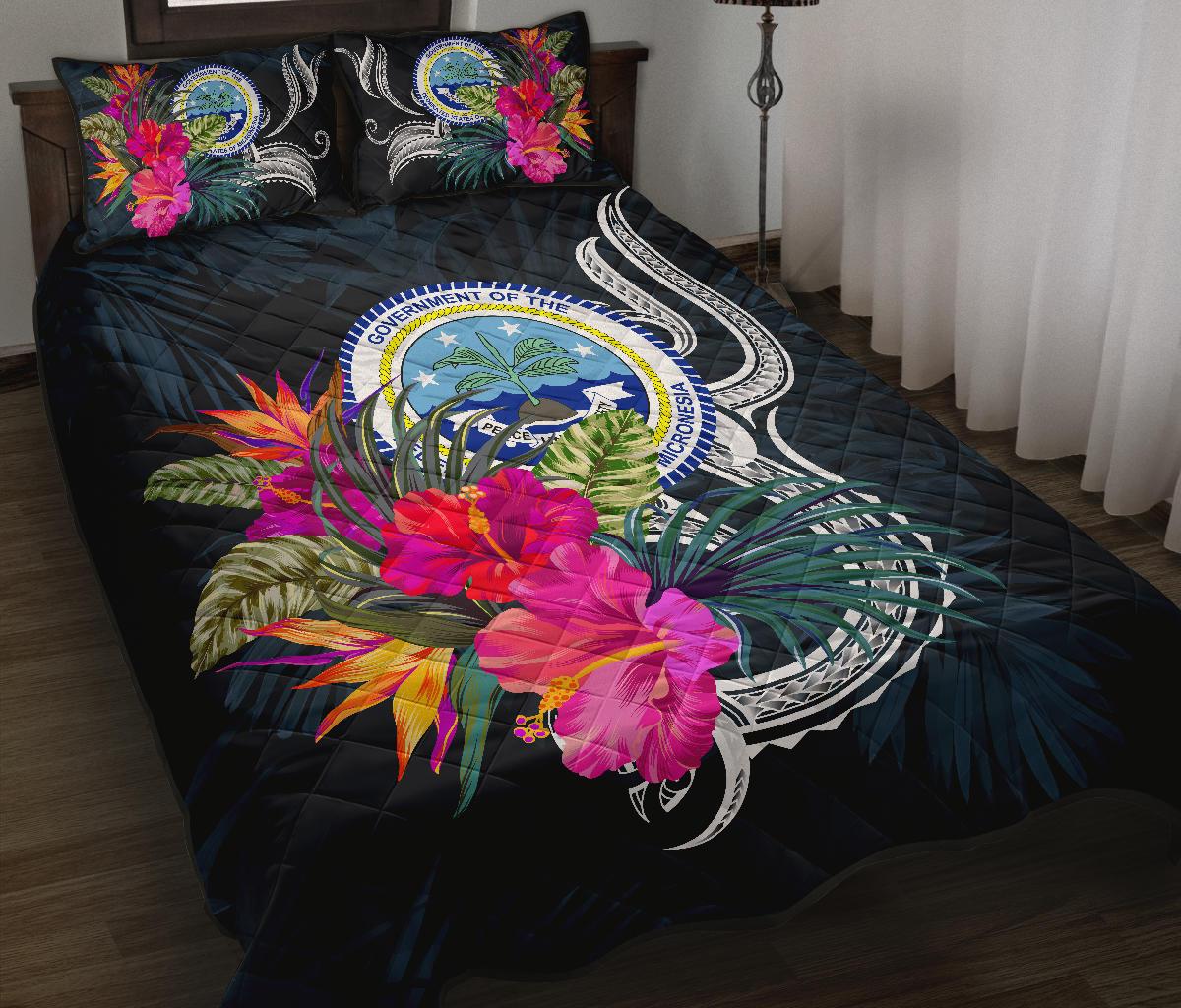 Federated States of Micronesia Quilt Bed Set - Tropical Flower Blue - Polynesian Pride