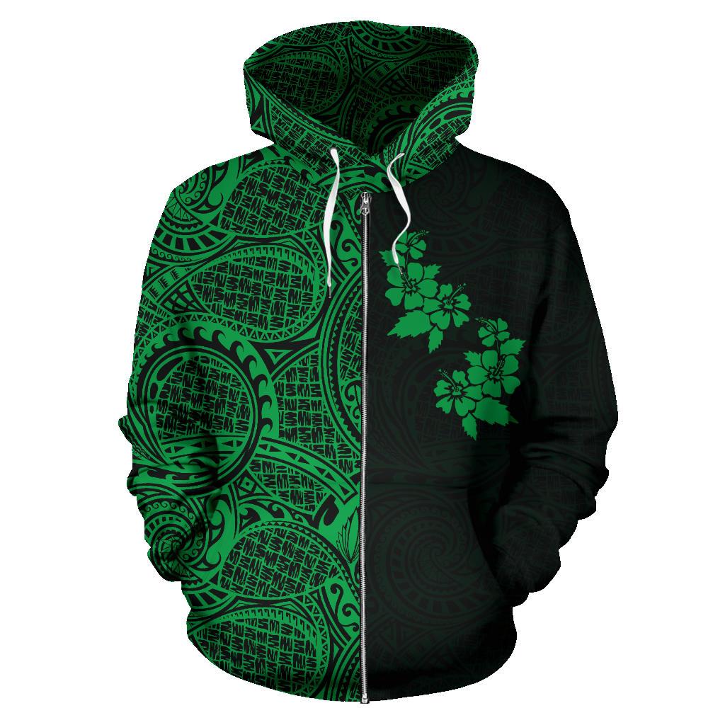 Hibiscus Hoodie Zip up Polynesian Half Style Green - Polynesian Pride
