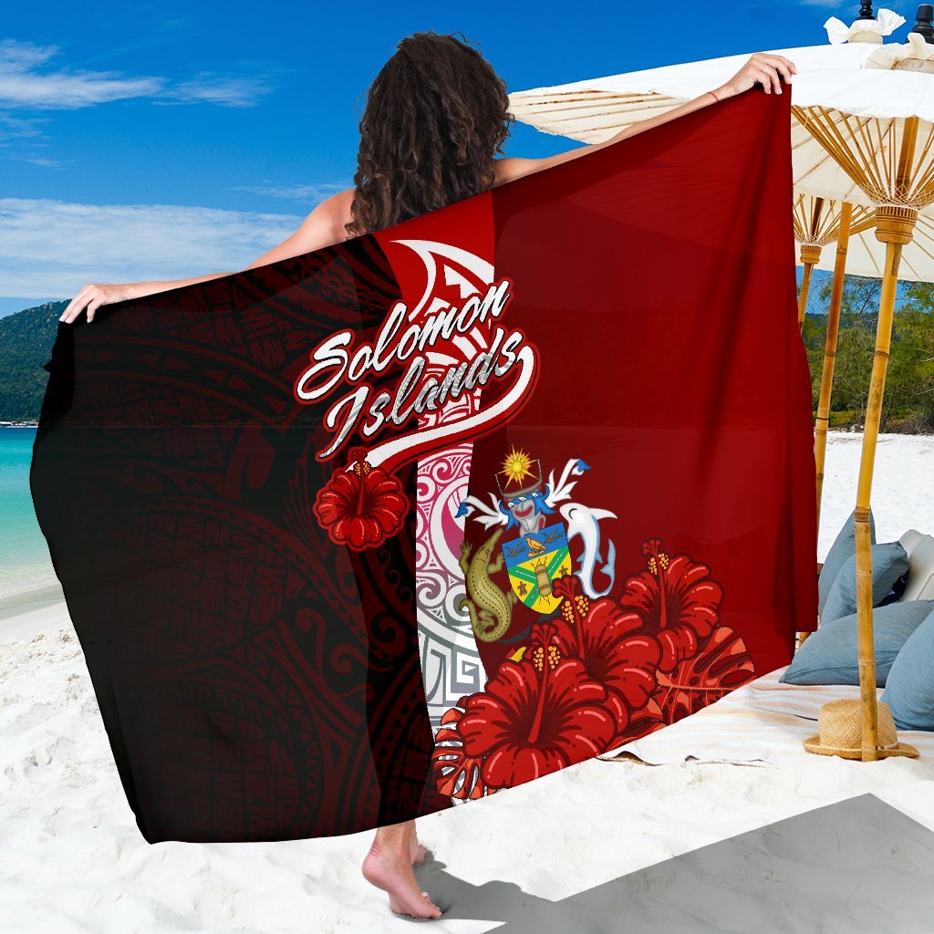 Solomon Islands Polynesian Sarong - Coat Of Arm With Hibiscus One Style One Size Red - Polynesian Pride