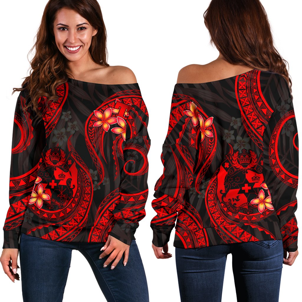 Tonga Polynesian Off Shoulder Sweater - Red Plumeria RED - Polynesian Pride