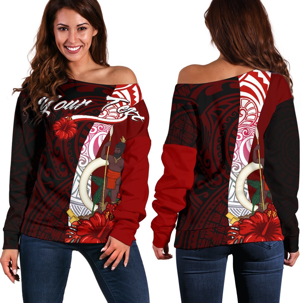 Vanuatu Polynesian Custom Personalised Women's Off Shoulder Sweater - Coat Of Arm With Hibiscus Red - Polynesian Pride