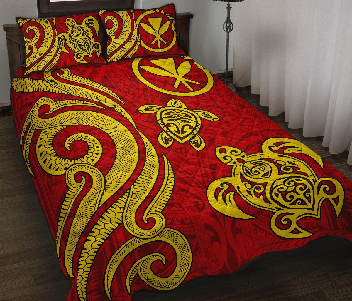 Hawaii Polynesian Quilt Bed Set - Kanaka Maoli Tentacle Turtle Red Red - Polynesian Pride