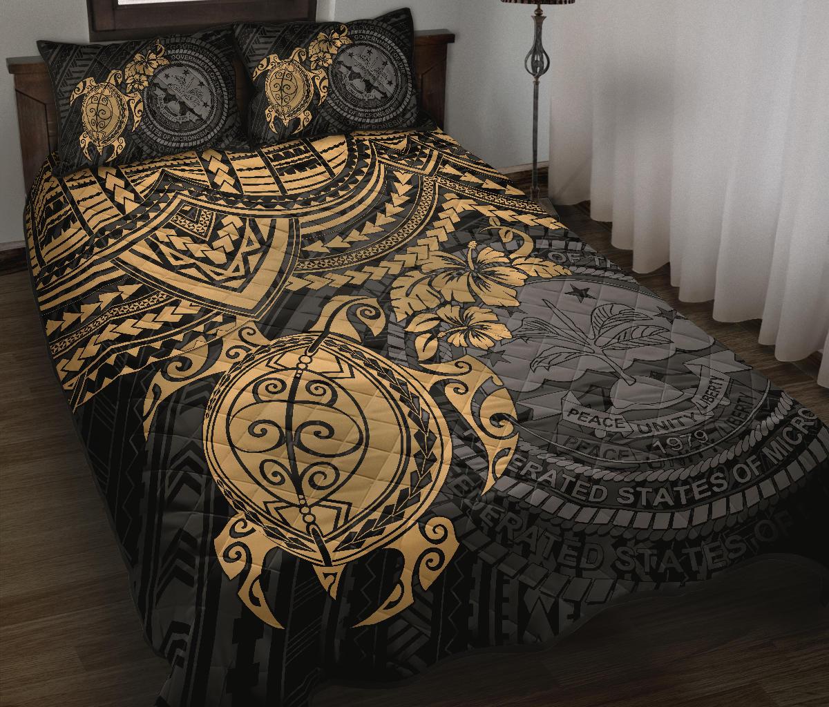 Federated States Of Micronesia Quilt Bed Set - Federated States Of Micronesia Seal & Gold Turtle Hibiscus BLACK - Polynesian Pride