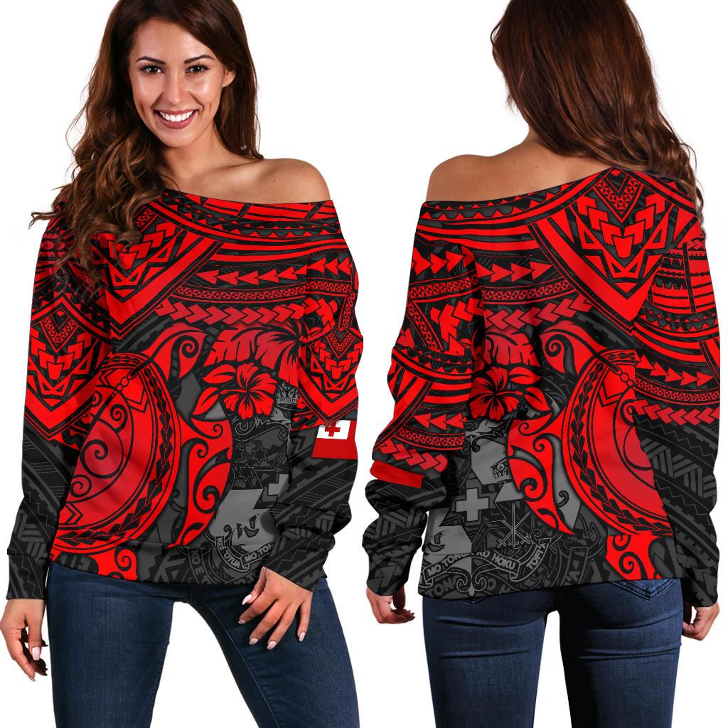 Tonga Polynesian Women's Off Shoulder Sweater - Red Turtle RED - Polynesian Pride