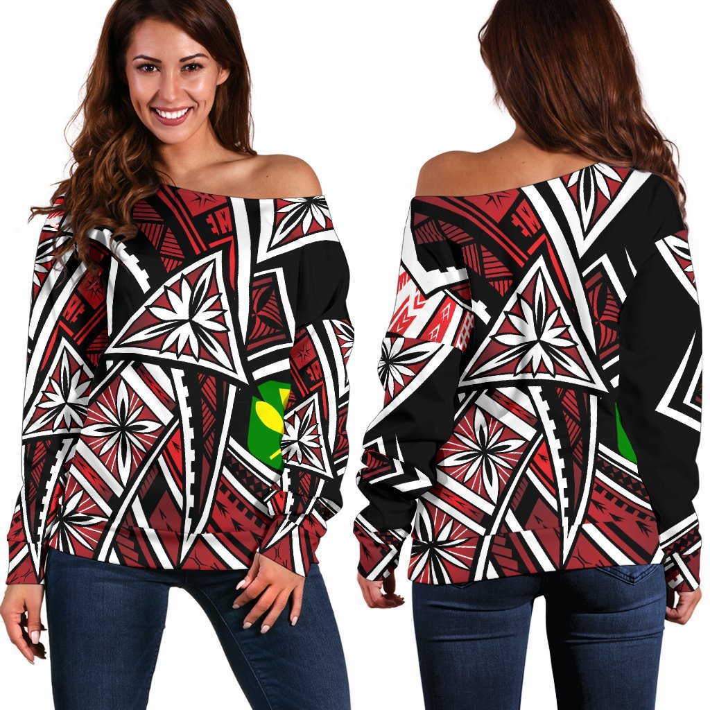 Hawaii Women's Off Shoulder Sweater - Tribal Flower Special Pattern Red Color Art - Polynesian Pride