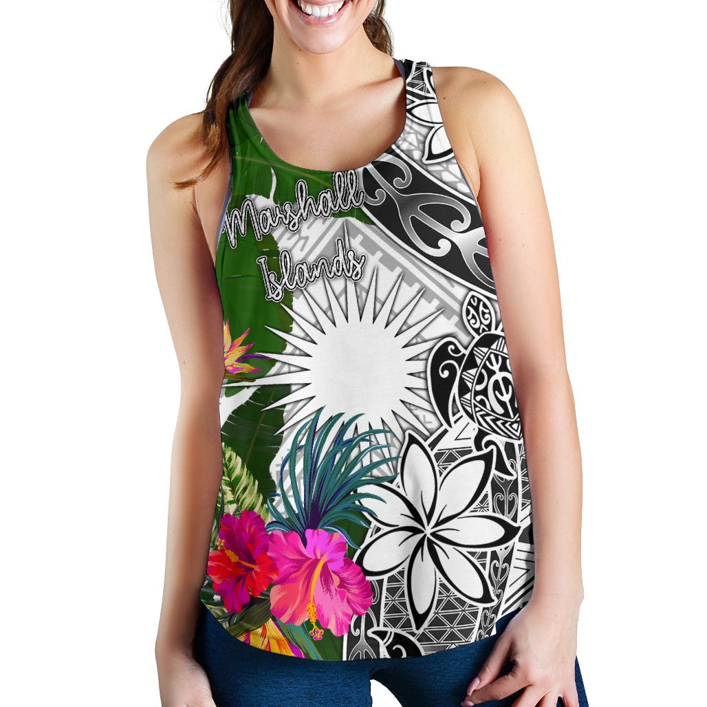 Marshall Islands Women's Racerback Tank White - Turtle Plumeria Banana Leaf - Polynesian Pride