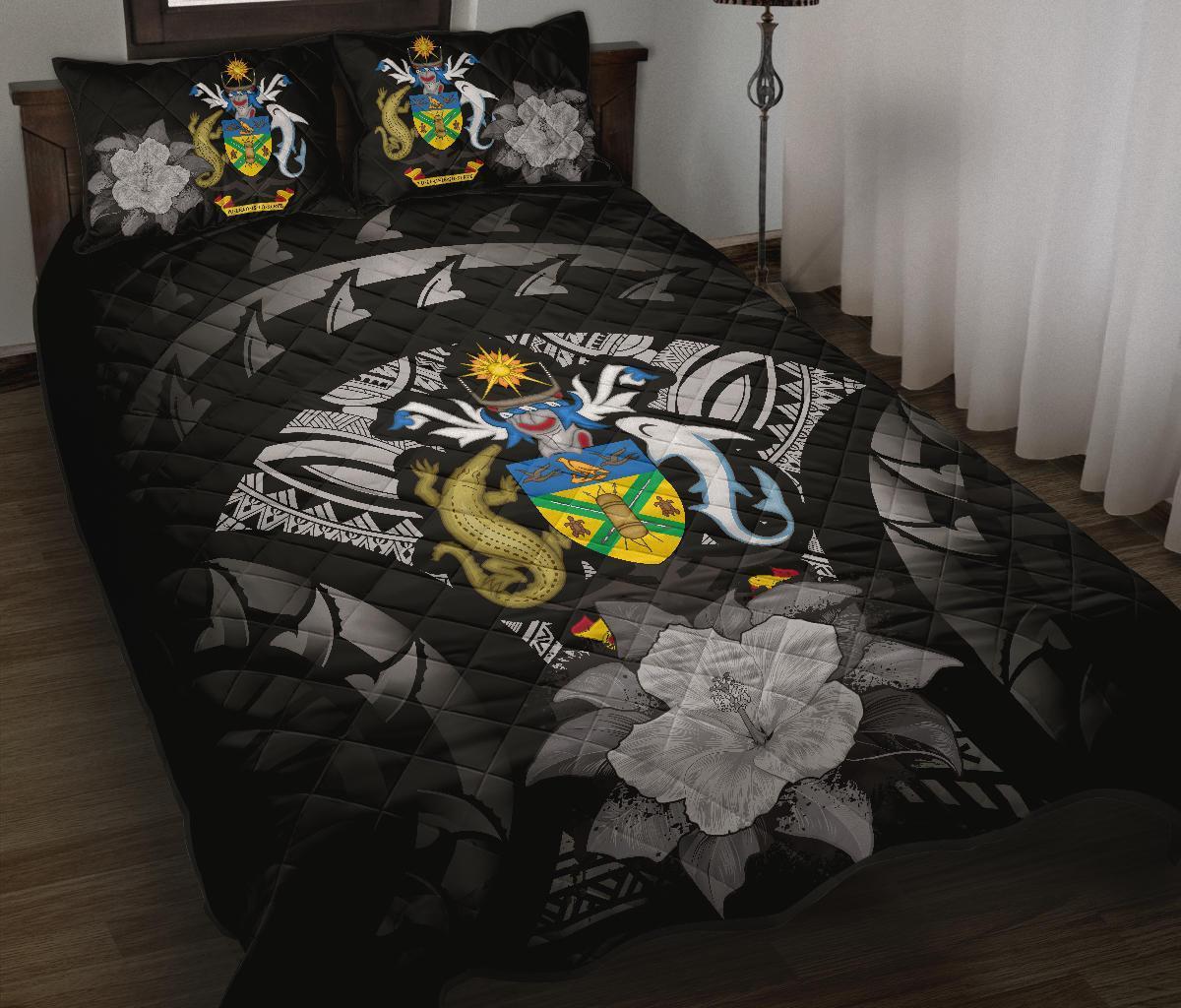 Solomon Islands Polynesian Quilt Bed Set Hibiscus Gray Black - Polynesian Pride