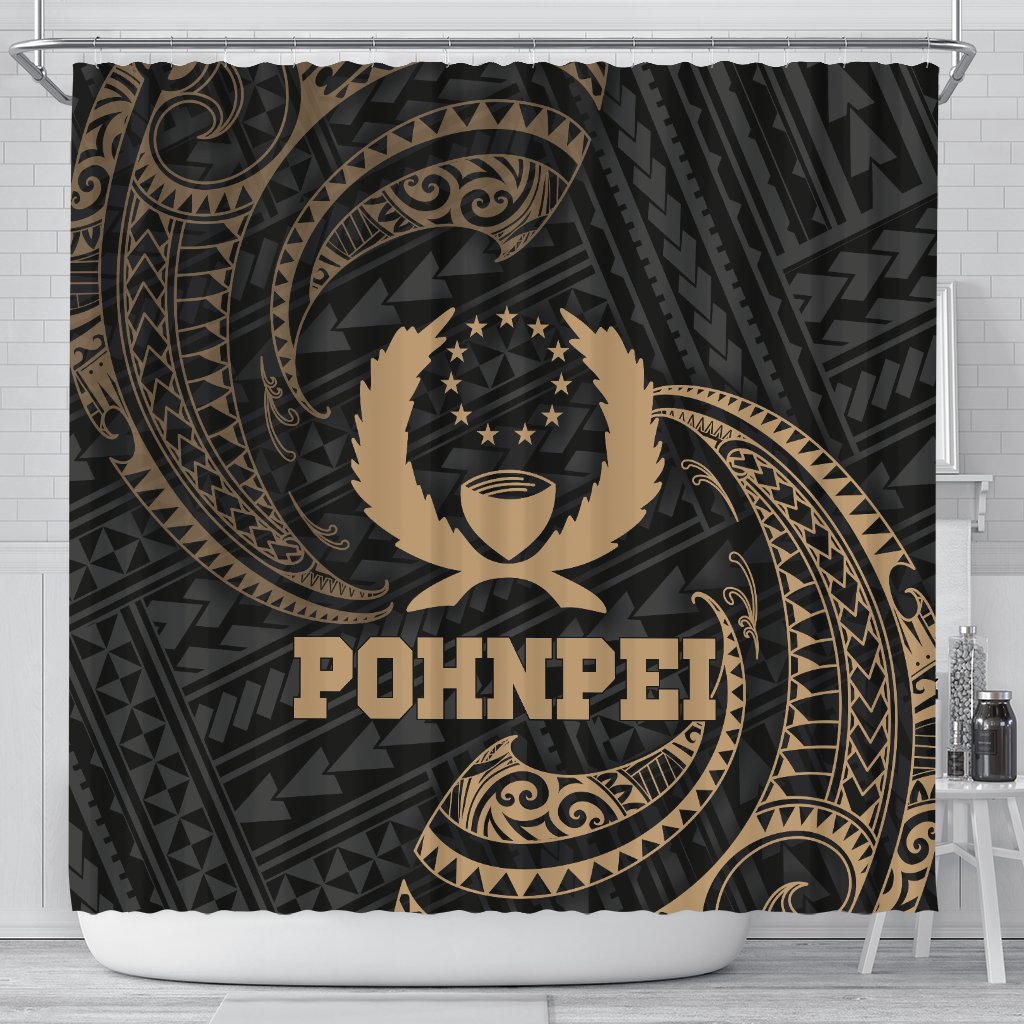 Pohnpei Micronesia Shower Curtain - Gold Tribal Wave 177 x 172 (cm) Black - Polynesian Pride