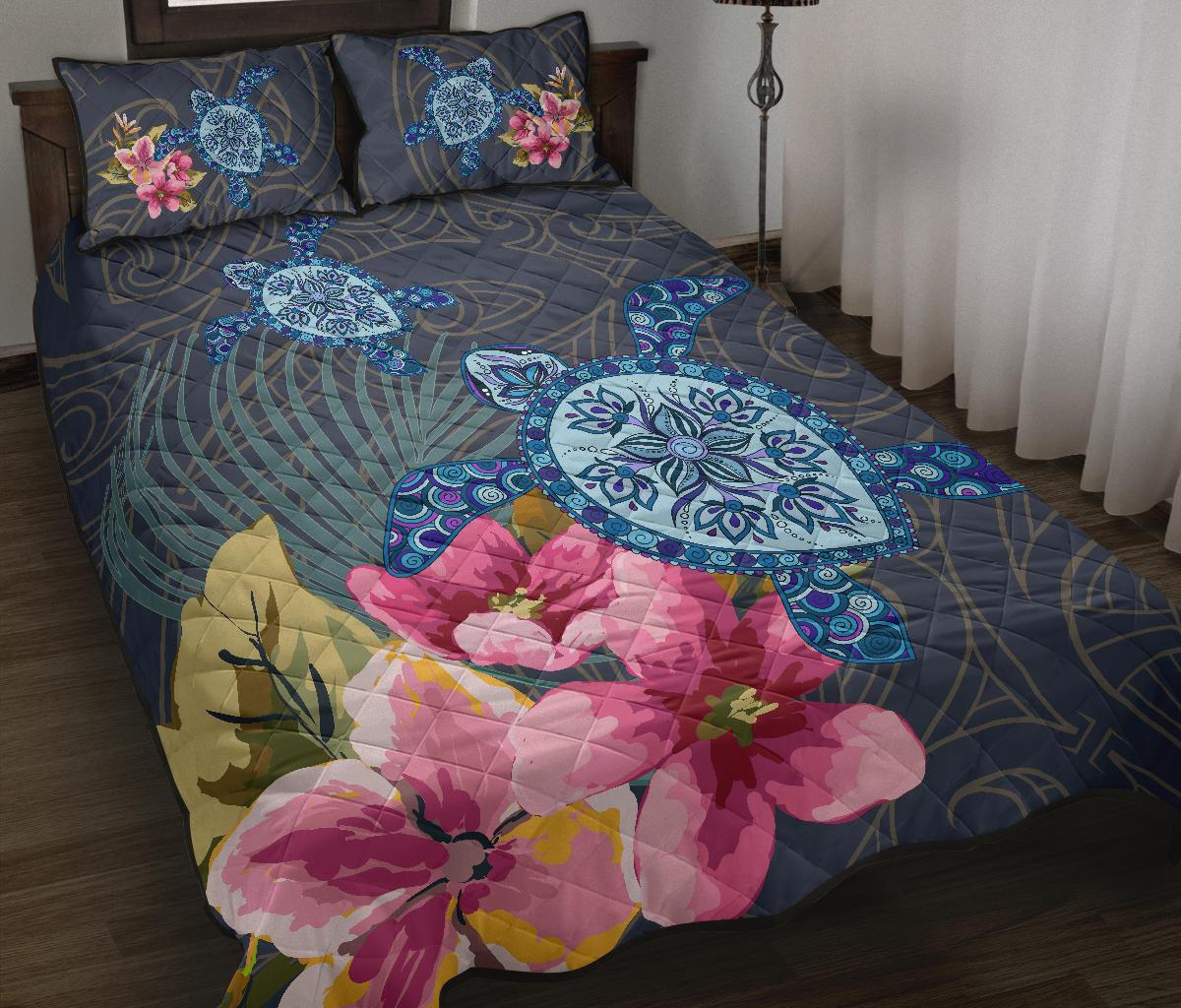 Hawaii Turtle Hibiscus Quilt Bed Set - LH Style Blue - Polynesian Pride